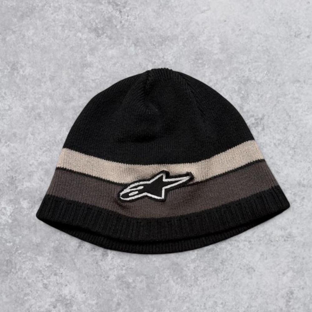 Alpinestars Moto Beanie Hat Black Grey Striped Skater Grunge Y2K Biker Knit